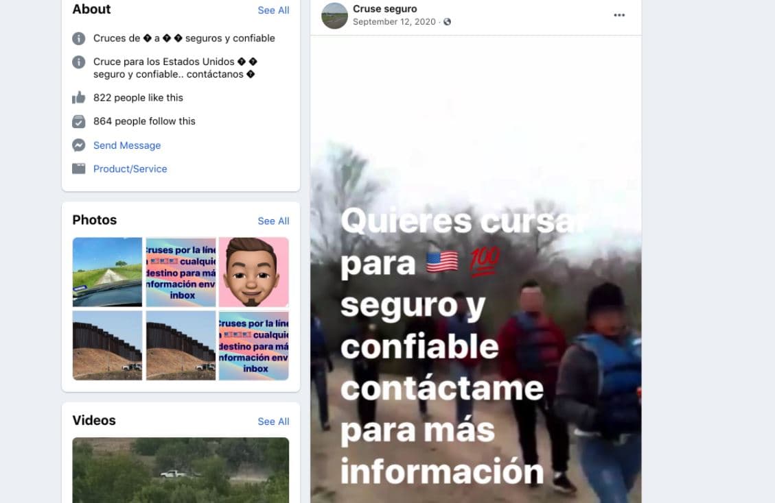 Mensaje en Facebook de una red dedicada al tráfico de personas.
