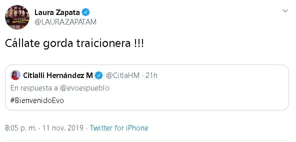 El tuit de la senadora provocó una dura reacción por parte de la actriz, quien lo compartió y le escribió: "¡Cállate
<b>, gorda traicionera!"</b>.