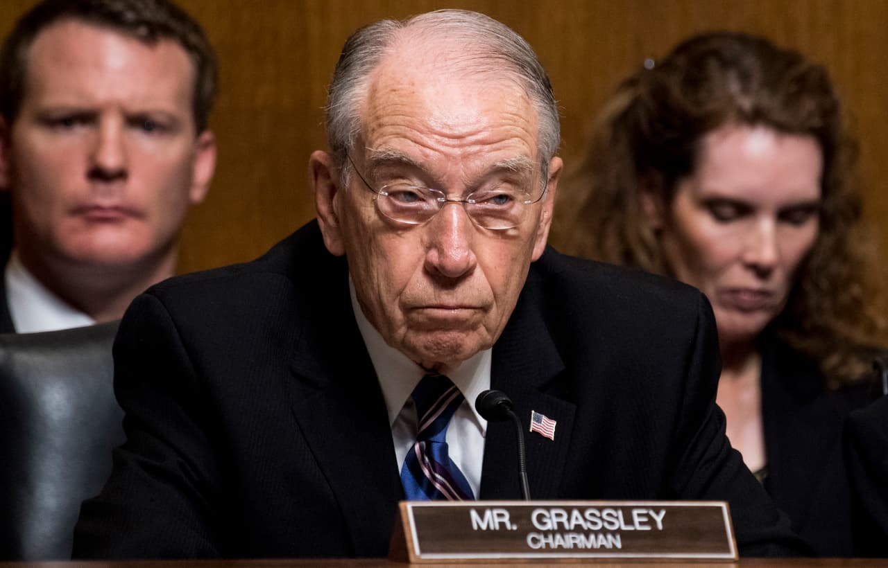 Senate Judiciary Committee Chairman Chuck Grassley, R-Iowa, listens as Christine Blasey Ford testifies during the Senate Judiciary Committee hearing, Thursday, Sept. 27, 2018 on Capitol Hill in Washington. (Tom Williams/Pool Image via AP)