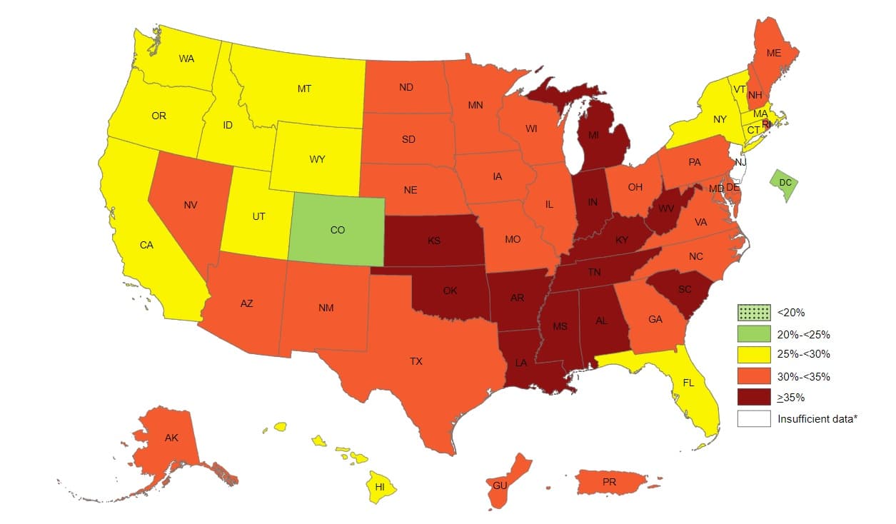 Mapa de tasas de obesidad por estado durante 2019.