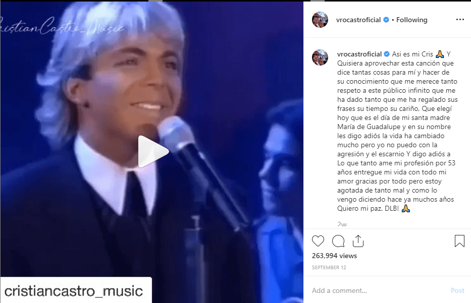 "Quisiera aprovechar esta canción que dice tantas cosas para mí y hacer de su conocimiento que me merece tanto respeto a este público infinito que me ha dado tanto, que me ha regalado sus frases, su tiempo su cariño".