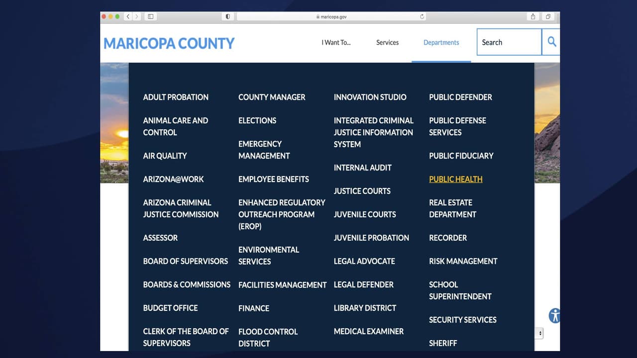 <b>¿</b>Qué tan grave es el problema? Viste 
<a href="http://maricopa.gov/" target="_blank">maricopa.gov</a>, pase el mouse sobre la pestaña "
<b>Departaments</b>" y luego haga clic en 
<b>Public Health</b>.