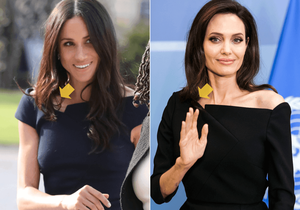 <b>DETALLES ESTRATÉGICOS: Angelina ene 2018 / Meghan may 2018</b>
<br>Ni grandes piezas de joyería, ni estampados. Para Angelina, los detalles de confección de sus vestidos son todo lo que necesita, como los cortes estratégicos en los que es experto el diseñador Roland Mouret. De él es este vestido negro que destapa sutilmente un hombro elegido para dar una conferencia. Mientras que Meghan usó,
<a href="https://www.univision.com/entretenimiento/realeza/todos-y-cada-uno-de-los-outfits-de-meghan-desde-que-empezo-a-coderase-con-la-realeza-fotos">el día antes de su boda</a>, una pieza del mismo diseñador en azul marino con los mismos cortes en el escote y el mismo guiño sutil del hombro descubierto.