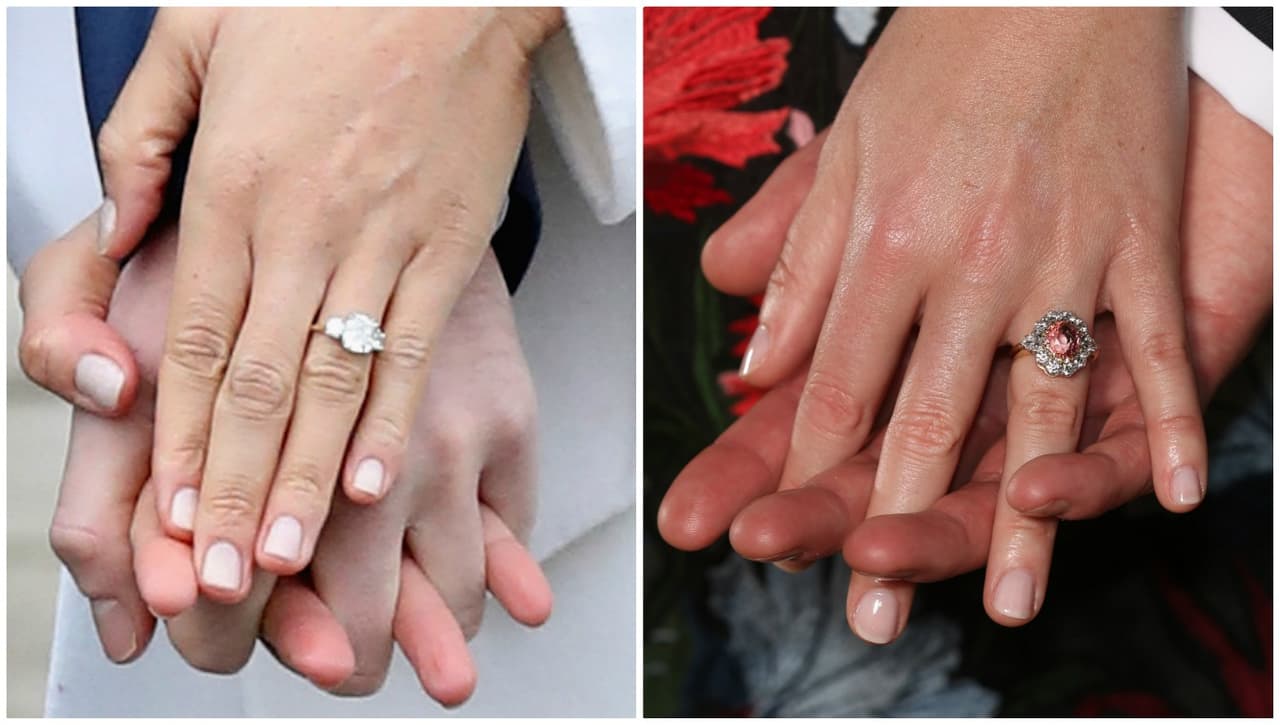 A la izquierda, Meghan Markle presume el anillo de compromiso que le regaló el príncipe Harry; a la derecha, un primer plano del anillo que recibió la princesa Eugenie.