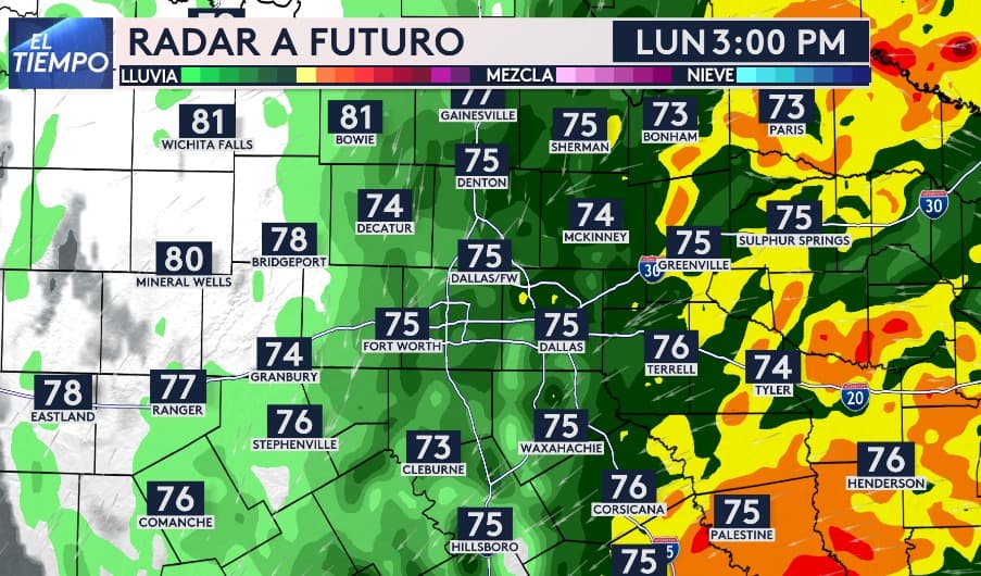 Durante el lunes,
<b>se esperan lluvias que abarcarán gran parte del norte de Texas</b>, variando desde ligeras hasta intensas. La actividad más significativa se concentrará al sur de la región, especialmente en áreas como
<b>Palestine, Tyler y Corsicana.</b>