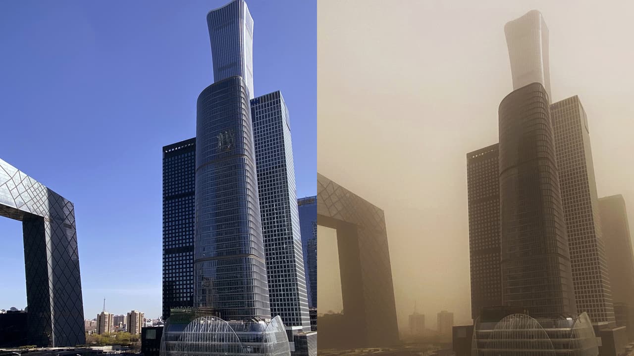 Antes y después de la enorme tormenta de arena que cubrió China