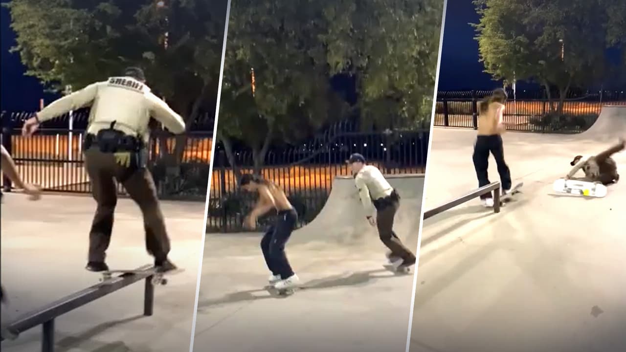 Policía del condado de Maricopa practica skateboard junto a joven hispano 