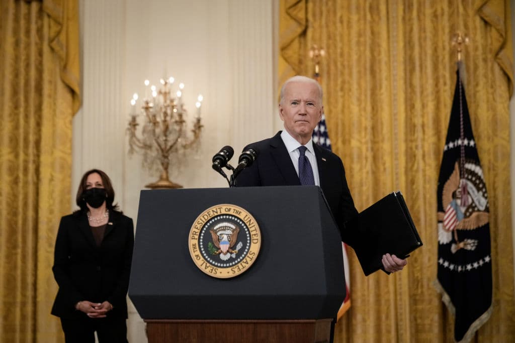 U.S. President Joe Biden listens to a question while he departs after delivering remarks on the economy in the East Room of the White House on May 10, 2021 in Washington, DC. Biden addressed criticism from Republicans after a weaker than expected April jobs report.