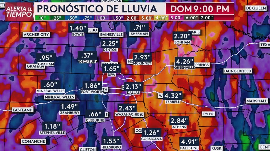El pronóstico de lluvia en el norte de Texas, donde se esperan acumulados de entre 2 y hasta 4 pulgadas.