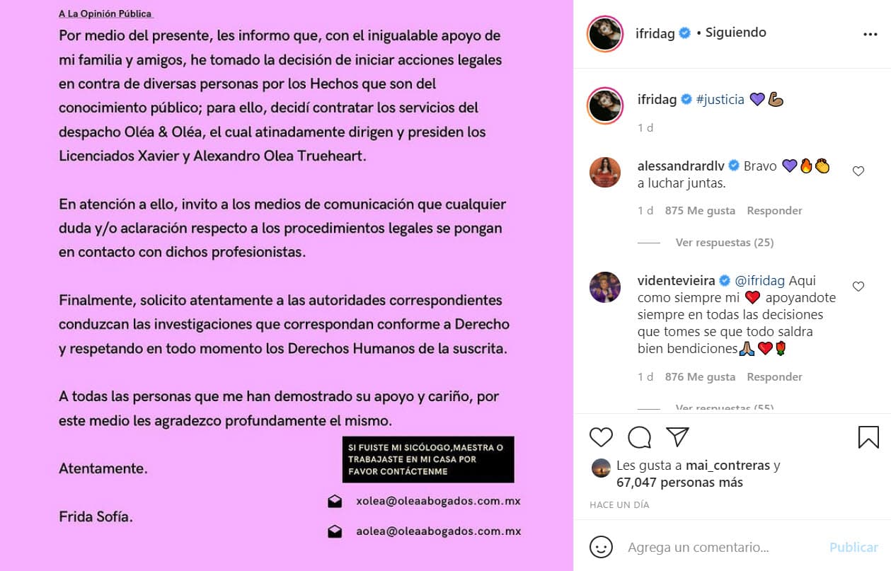 En el comunicado que publicó el jueves 15 de abril, solicita "a las autoridades correspondientes conduzcan las investigaciones que correspondan conforme a derecho y respetando en todo momento los derechos humanos de la suscrita".
<br>