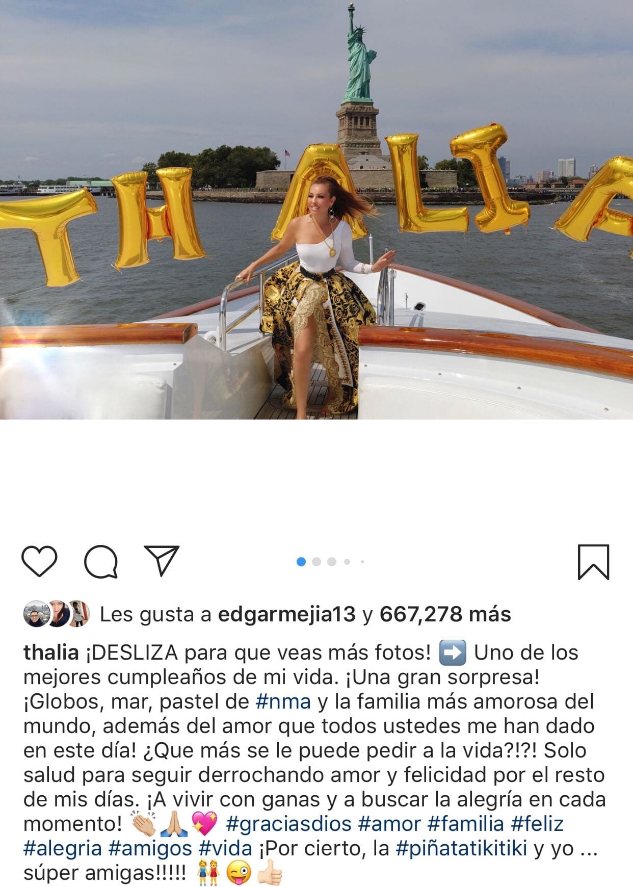 Otro de los momentos en los que Thalía demostró que sabe disfrutar de la vida, fue en 
<b><a href="https://www.univision.com/entretenimiento/en-fotos-asi-celebro-thalia-su-cumpleanos-47-fotos" target="_blank">su pasado cumpleaños</a></b>. El 26 de agosto de 2018 cumplió 47 años y lo festejó en un yate con globos y familia.