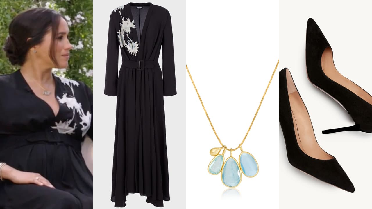 <b>TE LO TENGO</b>
<br>Si cuando viste la entrevista de Meghan Markle y el príncipe Harry este fin de semana, además de enterarte que esperan una niña, te morías por saber quién la vistió, aquí te lo contamos.
<br>
<a href="https://www.armani.com/us/armanicom/giorgio-armani/long-triple-silk-georgette-dress_cod15104981dp.html" target="_blank">Vestido</a> de seda negra de Giorgio Armani. Precio: $4.700 dólares
<br>
<a href="https://www.aquazzura.com/us_en/purist-pump-85-black-purmidp1-sue-000.html" target="_blank">Tacones de Aquazzura</a> Precio: $695.
<br>
<a href="https://pippasmall.com/product/18kt-gold-and-triple-aquamarine-collette-set-necklace/" target="_blank">Colgante de Pippa Small</a> oro 18K con tres piedras de aguamarina. Precio: $2.145