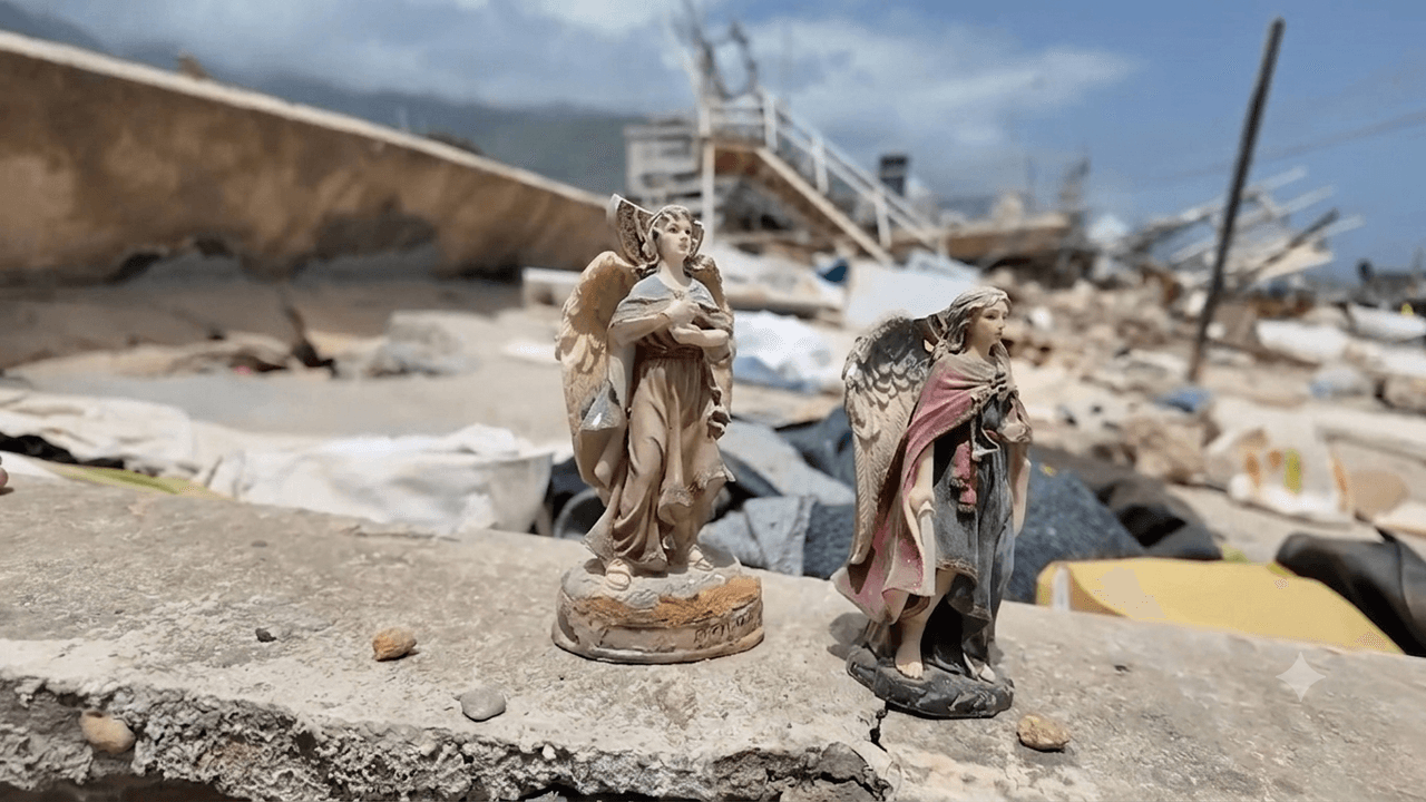 Figuras de ángeles enmarcan la zona de un balneario que quedó completamente destruido en La Guaira, Venezuela