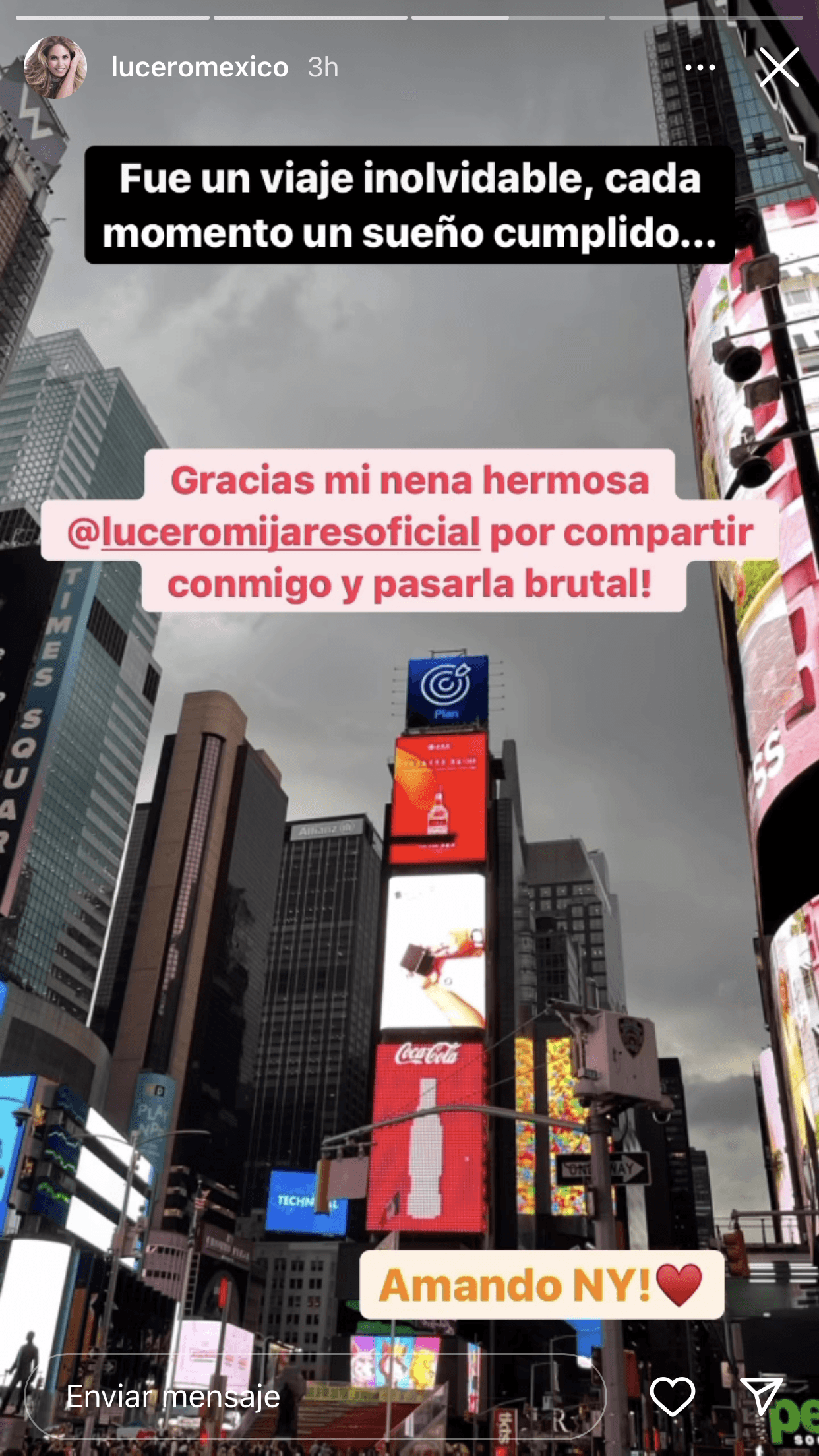 La propia Lucero valoró esta travesía junto a su hija: "¡
<b>Gracias a mi nena hermosa</b>, Lucerito Mijares, por compartir conmigo y pasarla brutal!". 
<br>