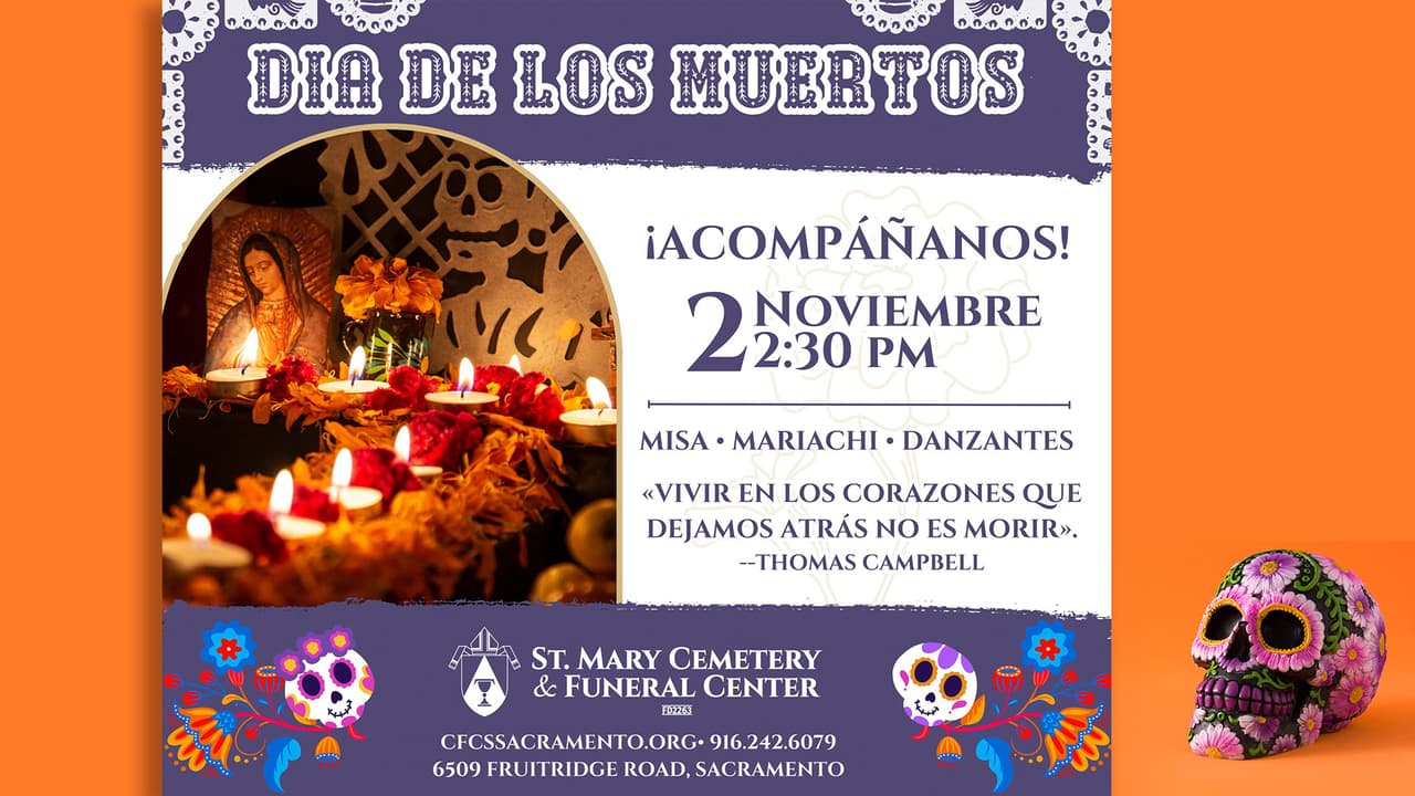 <b>3. Día de los Muertos - St. Mary Cemetery</b>
<br> • Cuándo: 2 de noviembre, de 12:00 p.m. a 5:00 p.m.
<br> • Dónde: 6509 Fruitridge Rd, Sacramento, CA.
<br> • Un evento comunitario para rendir homenaje a los seres queridos fallecidos, con altares, música y actividades familiares.