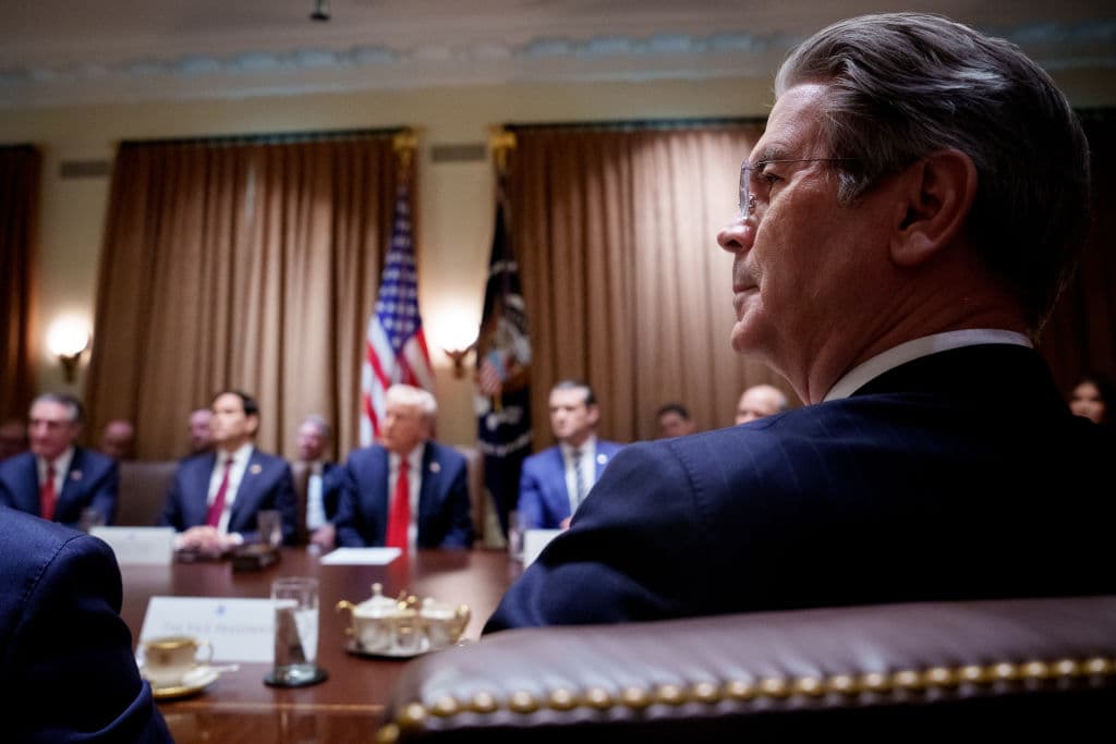 WASHINGTON, DC - FEBRUARY 26: U.S. Treasury Secretary Scott Bessent attends a Cabinet meeting at the White House on February 26, 2025 in Washington, DC. U.S. President Donald Trump (Background) is holding the first Cabinet meeting of his second term, joined by Tesla and SpaceX CEO Elon Musk, head of the Department of Government Efficiency (DOGE). (Photo by Andrew Harnik/Getty Images)