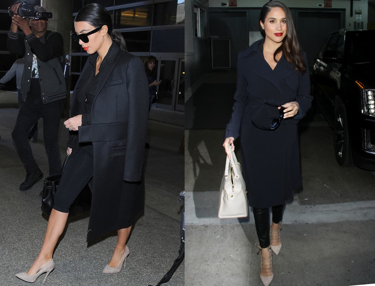 A su regreso de Australia, donde promocionó en 2014 su fragancia 'Fleur Fatale', Kim Kardashian fue captada llevando un estilo monocromático, en el que incluso el bolso era negro. De este look destacaron sus zapatillas color nude. Aunque Meghan siguió las mismas reglas, ella prefirió que su bolso fuera del mismo tono que las zapatillas.
