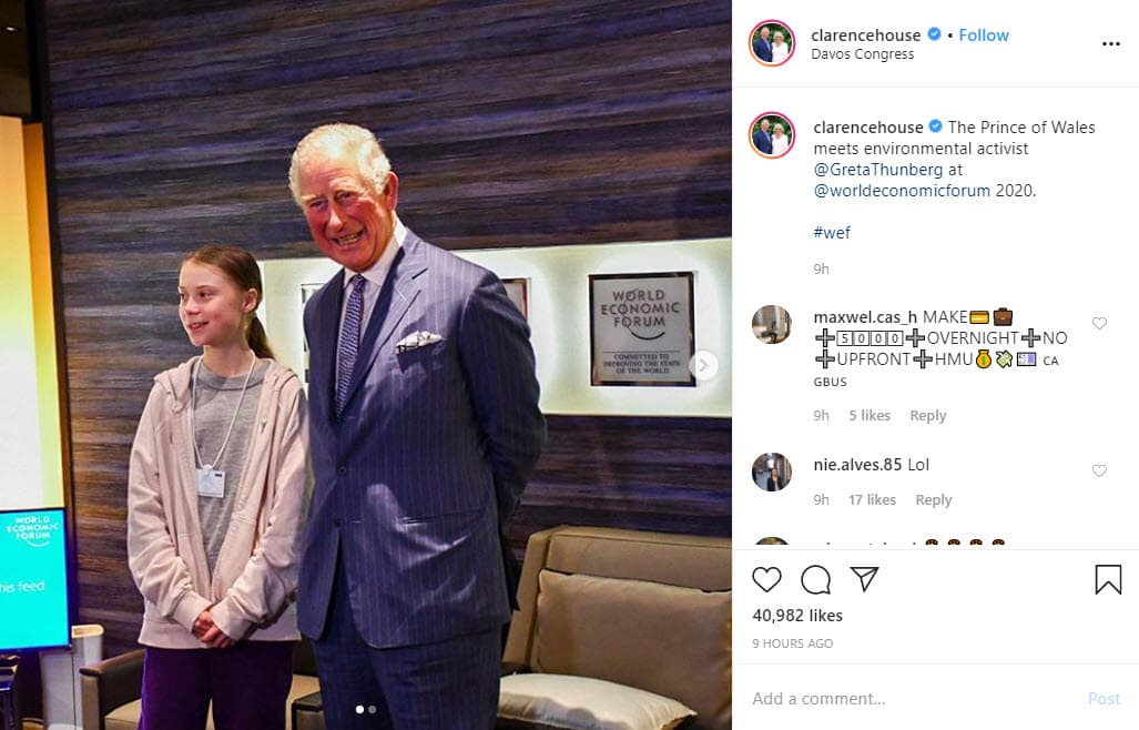 En el encuentro, el primogénito de la reina Isabel II pudo cruzar algunas palabras con la joven activista y posaron para las cámaras.
<br>