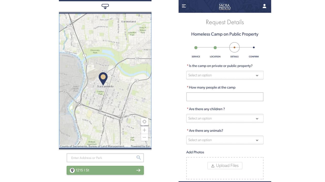 Una vez elegida la opción te aparecerá un mapa donde deberás especificar la ubicación del campamento de personas sin hogar en el condado de Sacramento. Posteriormente te pedirá datos como: si el campamento está en propiedad pública o privada, número de personas en el campamento, si hay niños y animales, así como imágenes del lugar.