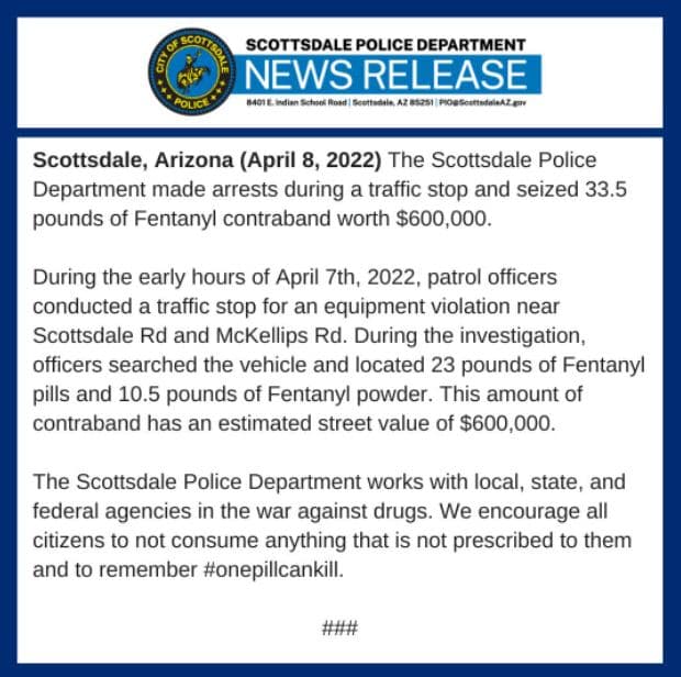 De acuerdo al comunicado, los oficiales encontraron 23 libras de pastillas de fentanilo y 10.5 libras de polvo de fentanilo.