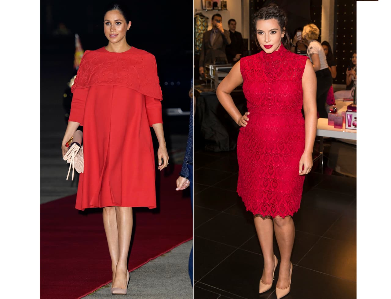 En febrero del año pasado, la duquesa de Sussex estaba a tres meses de dar a luz cuando visitó Marruecos con el príncipe Harry, para su llegada eligió este modelo de Valentino. En abril de 2013, Kardashian se encontraba en Las Vegas, igual que a Meghan, la conquistó la discreción del diseñador italiano.