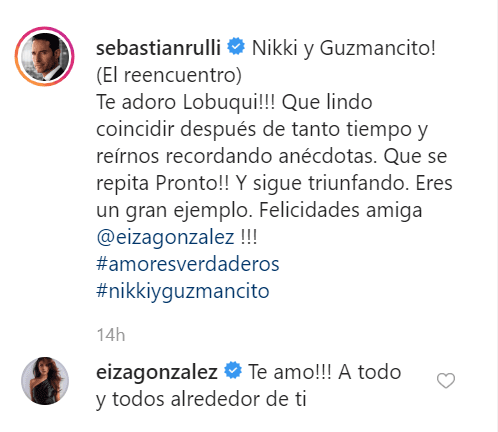 El intérprete de Guzmán le escribió así a su expareja ficticia junto a la imagen del encuentro. Eiza, quien se encargó de dar vida a Nikki, no tardó en contestar a su mensaje cariñosamente.