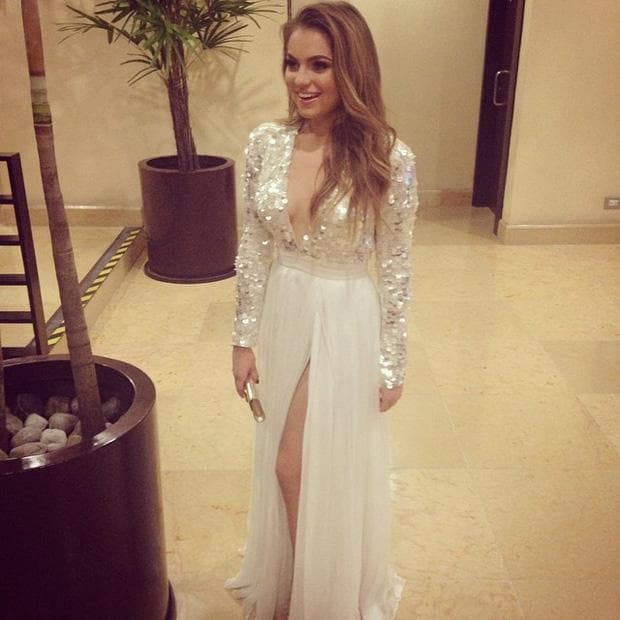 Mientras que en el año 2014 decidió usar también un vestido con motivos dorados, mientras que la parte de abajo era en un tono hueso muy discreto, la pieza fue diseñada por Kris Goyri.