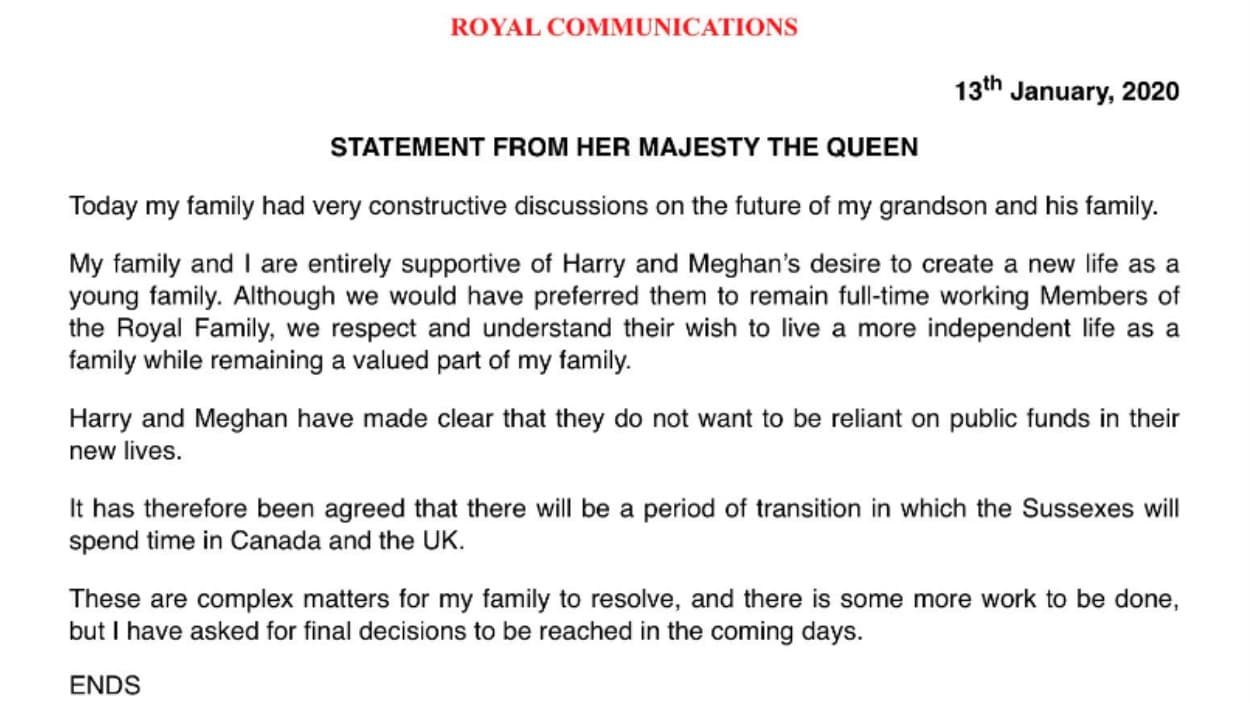 "Harry y Meghan han dejado claro que
<b> no quieren depender de fondos públicos</b>", expresó la reina de 93 años, en estas declaraciones que fueron compartidas con los medios de comunicación británicos.