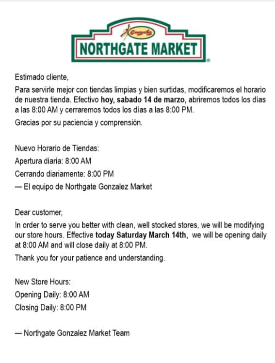 En una publicación en su portal de internet, el popular supermercado hispano también anunció que apartir de este fin de semana trabajarán de 8 am a 8 pm, hasta nuevo aviso.
