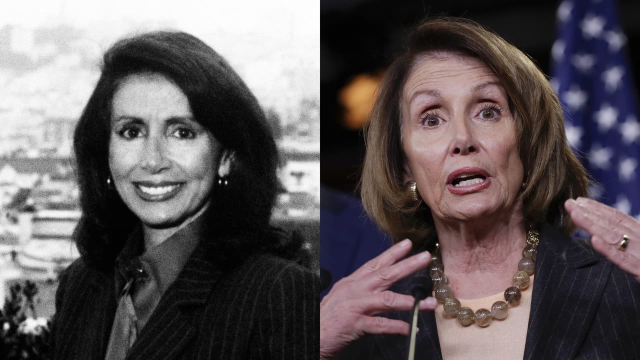 <b>Nancy Pelosi nació en 1940 (77 años)</b> y es Representate por el estado de California y líder de la minoría en la cámara. En 1976 fue elegida como miembro del DNC (comité nacional del partido Demócrata en 1976, su primera posición importante en el partido. En la foto antigua (izquierda) Pelosi como congresista de California en 1989. En la foto actual (derecha) durante una rueda de prensa sobre la propuesta Republicana de reforma de impuestos el 2 de noviembre de 2017. Los demócratas de la Cámara Baja la reeligieron este año para seguir siendo su líder, desestimando la opción de su rival, Tim Ryan, de 44 años.