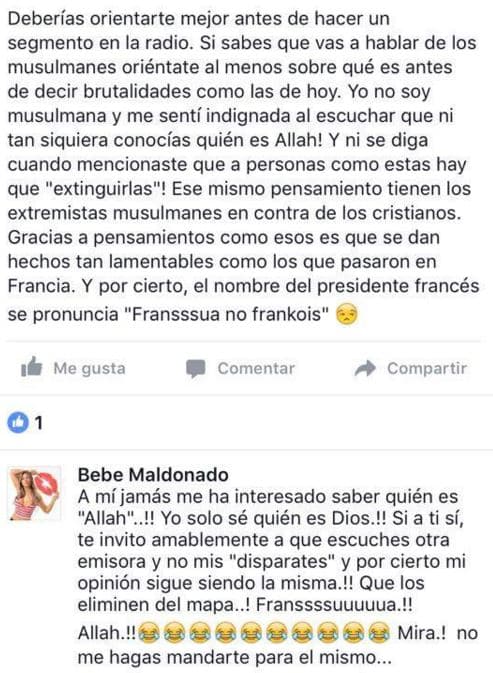 Bebe Maldonado asegura que la malinterpretaron cuando dijo que debían eliminar los musulmanes