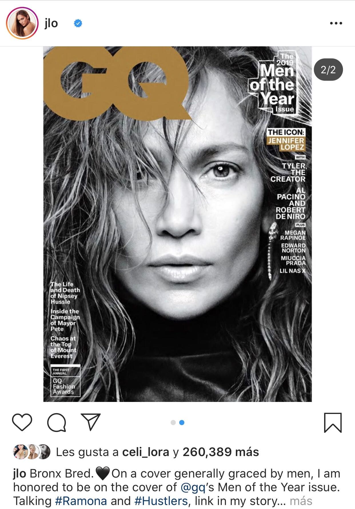 El rostro de la 'Diva del Bronx' es la portada de la más reciente edición de 
<b><a href="https://www.gq.com/story/jennifer-lopez-icon-of-the-year-2019">la revista GQ</a></b>, la cual la denominó como el ícono del 2019.
<br>