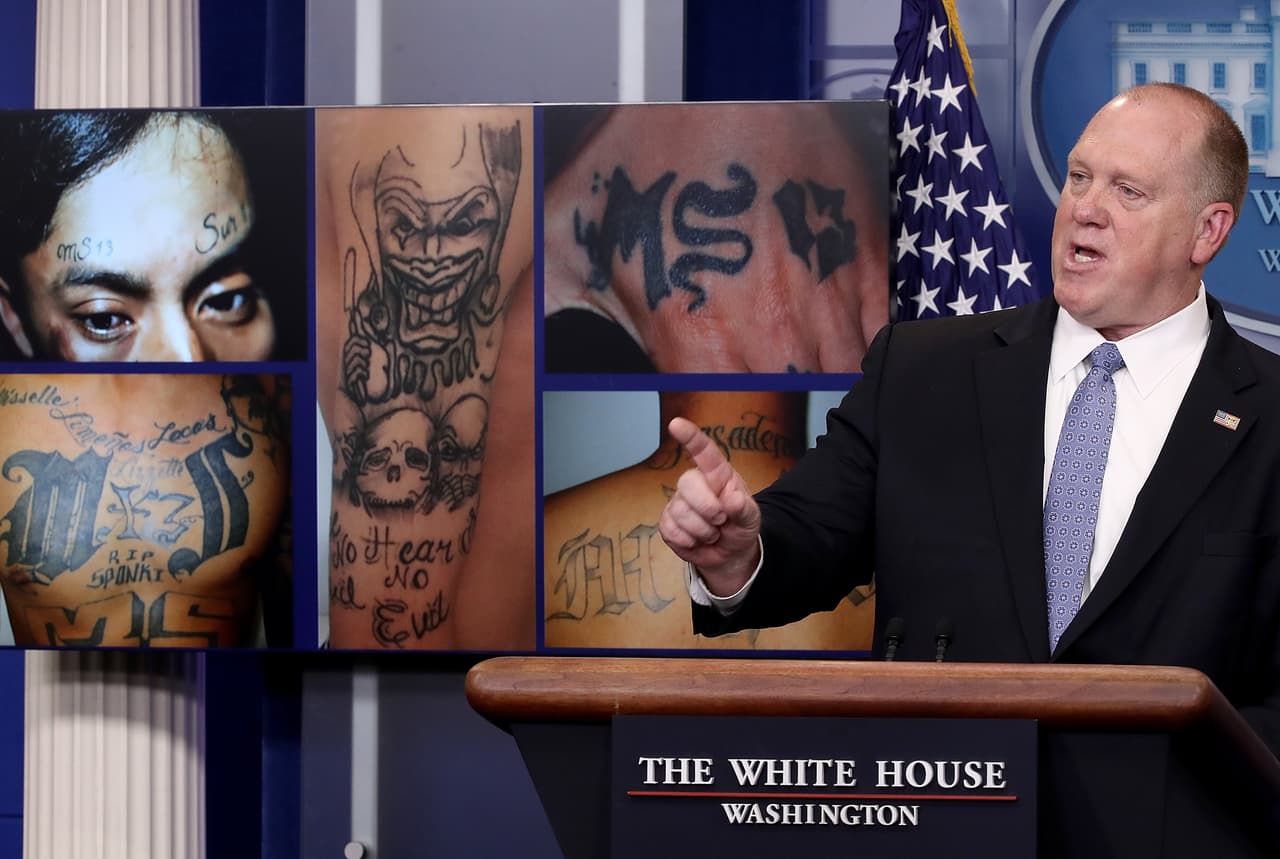 WASHINGTON, DC - JULY 27: Tom Homan, Director of Immigration and Customs Enforcement, answers questions in front of gang related photos from the MS-13 gang during a daily briefing at the White House July 27, 2017 in Washington, DC. Homan answered a range of questions during the briefing. (Photo by Win McNamee/Getty Images)