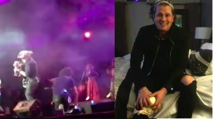 A la izquierda, el momento en que Carlos Vives cae al suelo y la derecha mientras buscaba alivio para su rodilla.