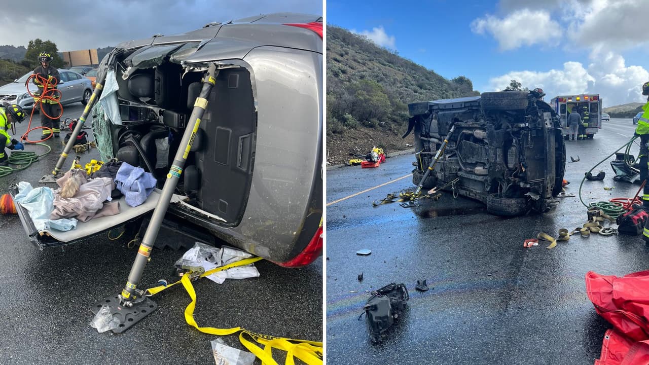 Rescatan a tres personas de vehículo volcado en el condado de San Mateo