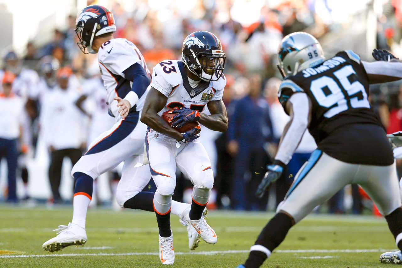Denver Broncos running back Ronnie Hillman (23) carries the ball during the NFL Super Bowl 50 football game against the Carolina Panthers on Sunday, Feb. 7, 2016 at Levi's Stadium in Santa Clara, Calif. (Ben Liebenberg via AP)