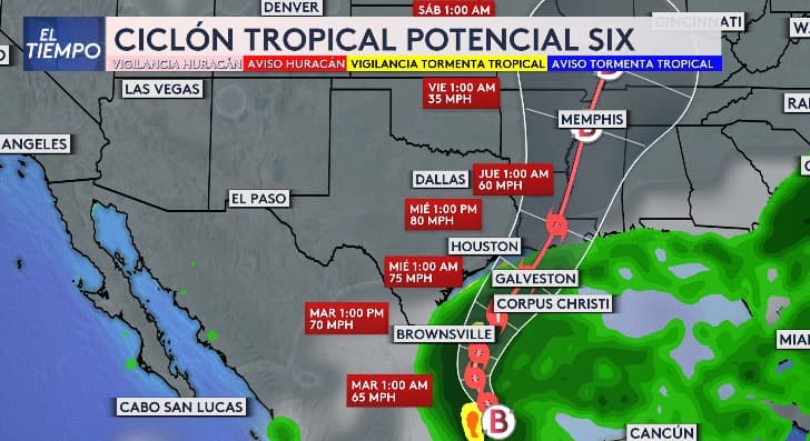 Posible trayectoria del Potencial Ciclón Tropical Número 6 por Estados Unidos.