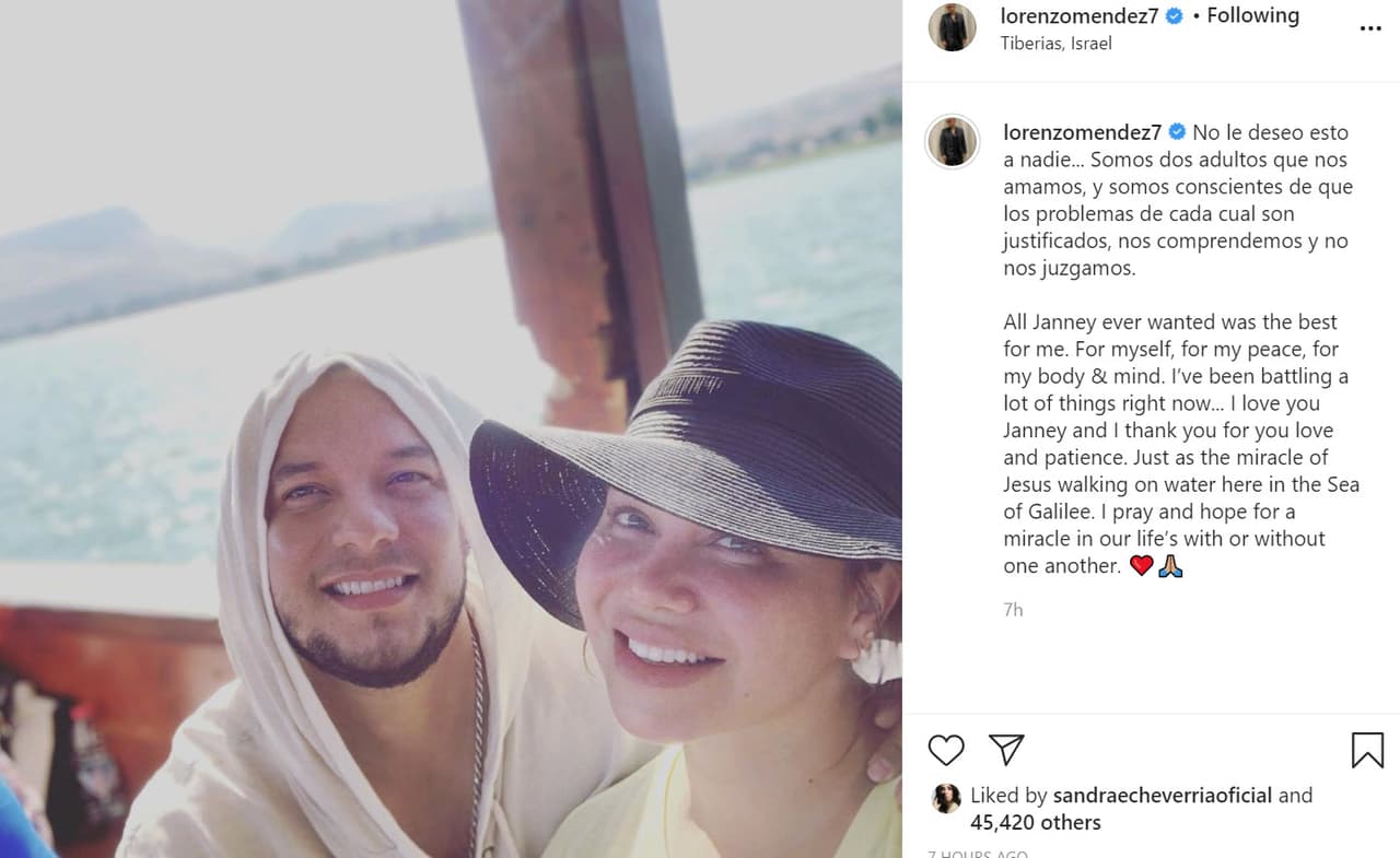 El pasado 20 de septiembre 
<b><a href="https://www.univision.com/famosos/te-amo-janney-lorenzo-mendez-pide-un-milagro-para-el-y-chiquis-tras-su-separacion-fotos" target="_blank">le dijo "te amo"</a></b> a través de este mensaje y foto en Instagram. La publicación ya no existe en su cuenta. 
<br>