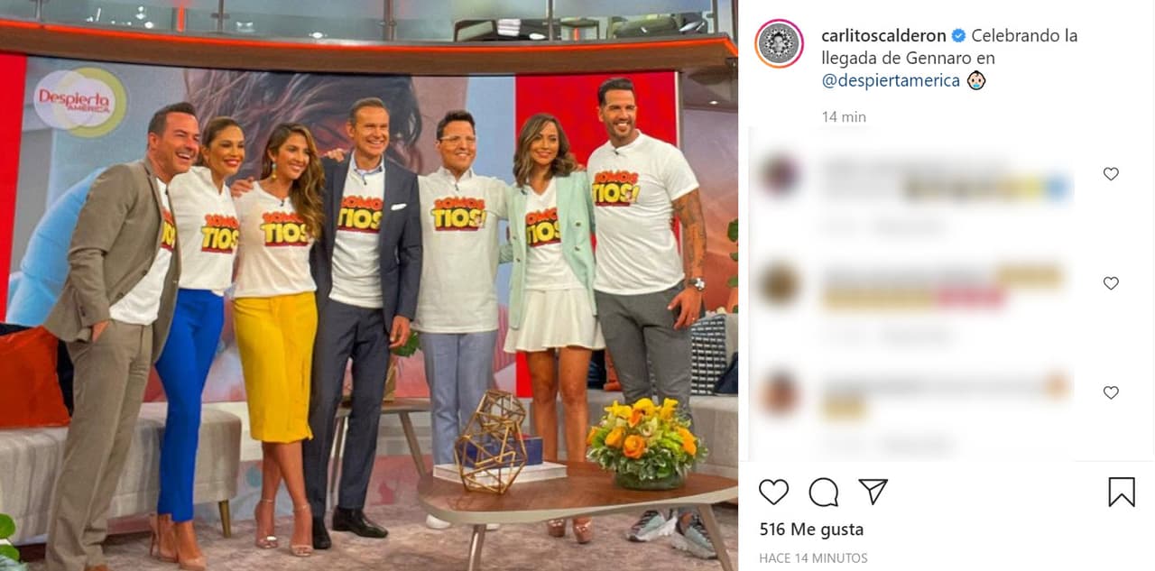 'Carlitos' Calderón y el resto de nuestro presentadores se pusieron la camiseta de
<b><a href="https://www.instagram.com/p/CREb6AyMiFV/?utm_medium=copy_link" target="_blank">"somos tíos"</a></b> en el foro de
<b>Despierta América </b>para celebrar la llegada del nuevo miembro de la familia:
<b><a href="https://www.univision.com/shows/despierta-america/francisca-lachapel-nacimiento-bebe-gennaro-fotos" target="_blank">"Celebrando la llegada de Gennaro"</a></b>, escribió.