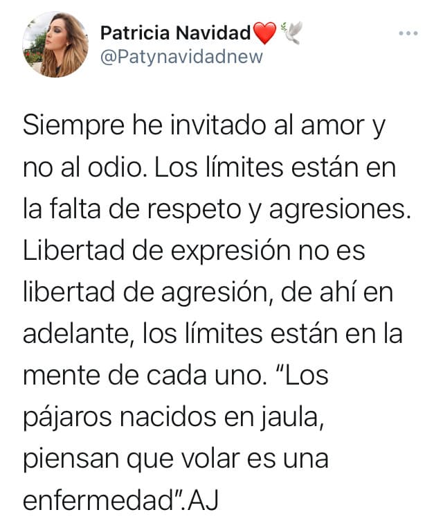En otro tuit alegó que ella
<b><a href="https://twitter.com/patynavidadnew/status/1348346711597608962?s=21" target="_blank">"siempre ha invitado al amor y no al odio"</a></b> y continuó con un discurso de lucha por la libertad de expresión.
<br>