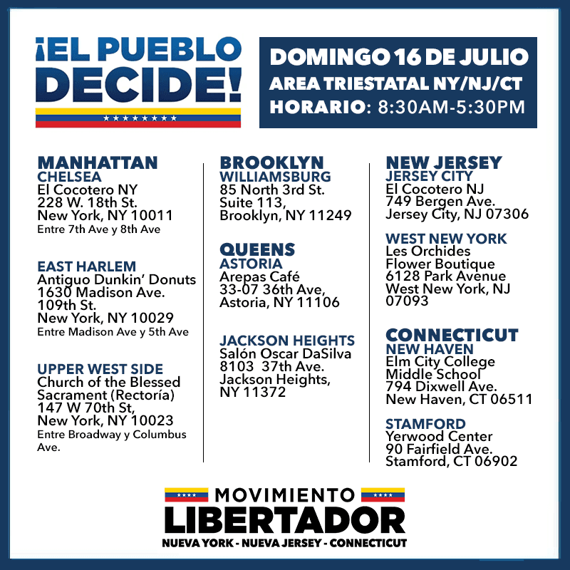 Estos son los centros en los que los venezolanos del área triestatal pueden votar en la consulta de este domingo.