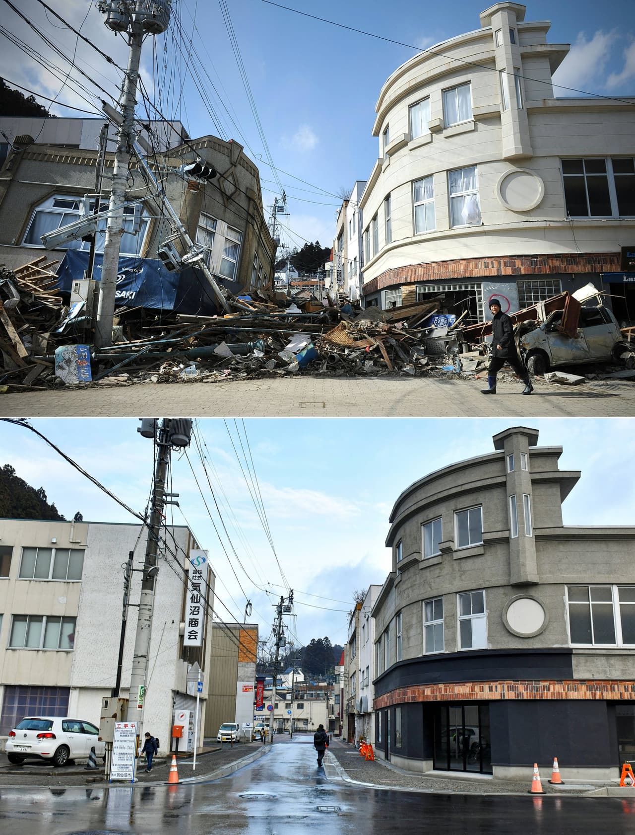Kesennuma, prefectura Miyagi. 18 de marzo de 2011 y 11 de marzo de 2021. La pérdida económica directa del terremoto, tsunami y desastre nuclear se estima en más de 360 mil millones de dólares.