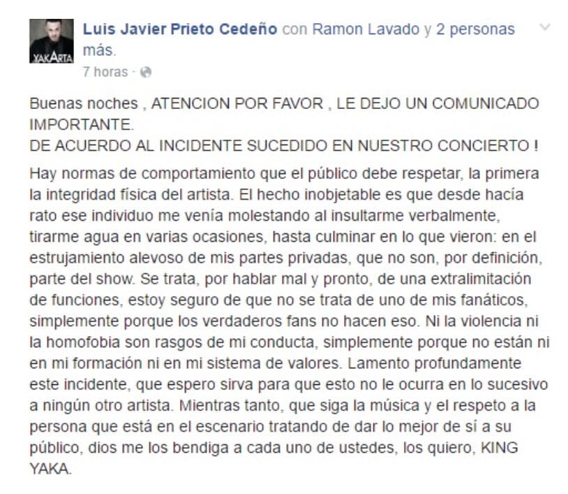 Ante la situación, publicó un comunicado en su cuenta de Facebook para defenderse, el cual pudo capturar el sitio 'Cibercuba'.
<br>