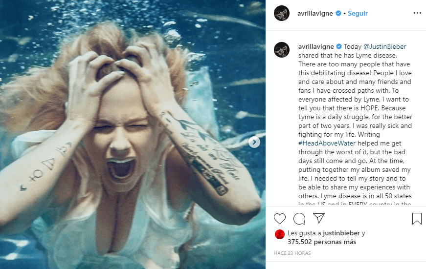 Es por ello que la intérprete de ‘Complicated’ también reaccionó al anuncio de Justin en Insatgram. "¡Hay demasiadas personas que tienen esta enfermedad debilitante! Personas que amo y me importan y muchos amigos y admiradores con los que me he cruzado. Para todos los afectados por Lyme, quiero decirles que hay esperanza".