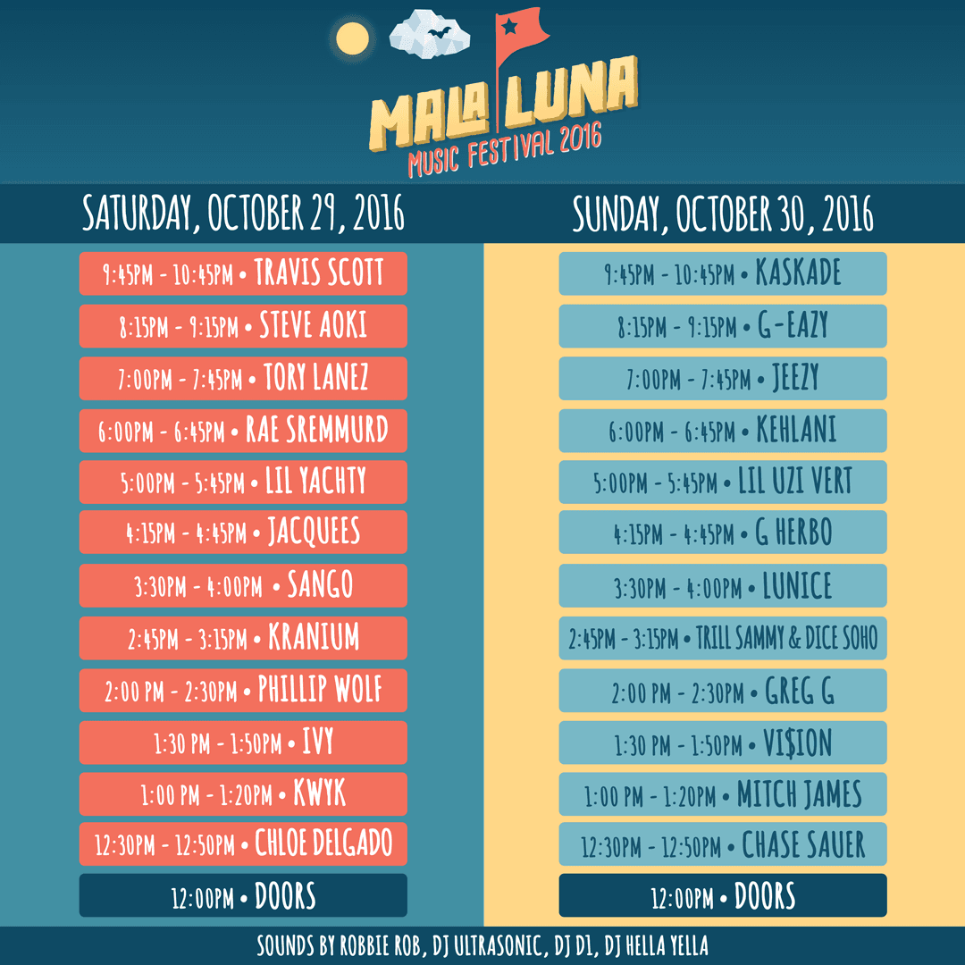 See what time your favorite artist is performing at the Mala Luna Festival!