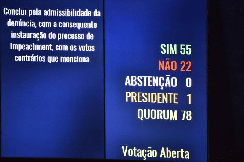 La presidenta fue suspendida por 180 días después del resultado del Senado que muestra la imagen: votos a favor, 55; en contra, 22. Este resultado puso fin a 13 años de gobierno del izquierdista Partido de los Trabajadores.