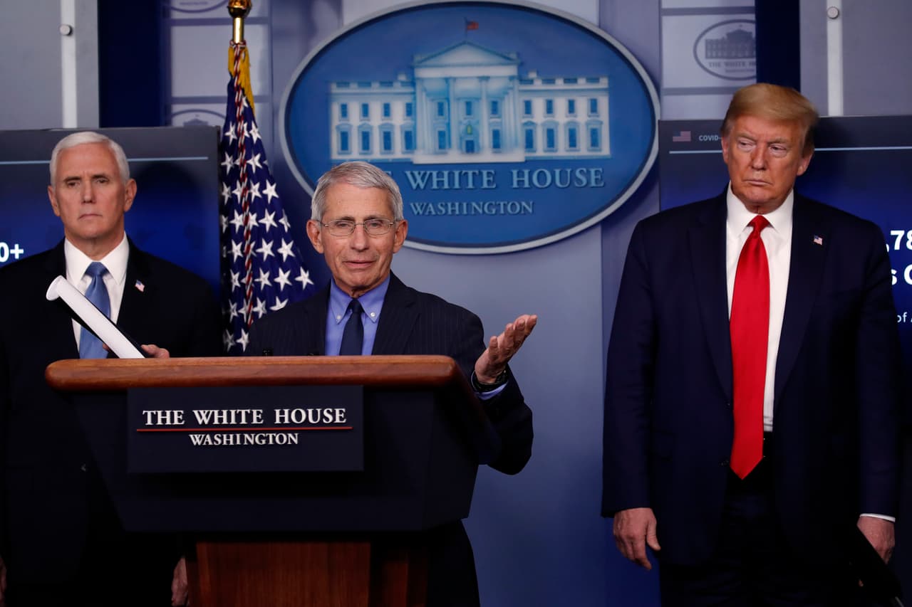 El presidente Donald Trump y el vicepresidente Mike Pence escuchan mientras el Dr. Anthony Fauci, director del Instituto Nacional de Alergias y Enfermedades Infecciosas, habla sobre el coronavirus en la Sala de Prensa James Brady Press de la Casa Blanca, el viernes 17 de abril de 2020, en Washington.