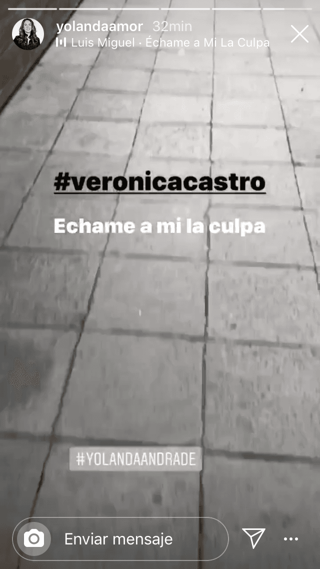 La más reciente reacción de Yolanda Andrade es esta, una historia de Instagram donde va caminando, con la etiqueta de Verónica Castro, y musicaliza con 'Échame a mí la culpa'.