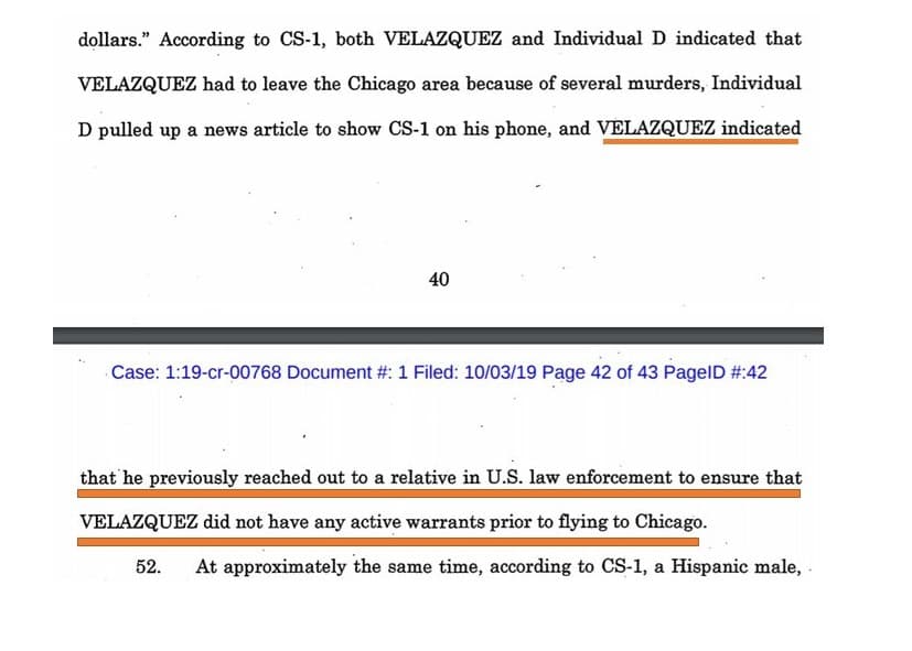 Declaración de un agente de la DEA en la cual se indica que el traficante Roberto Velázquez Martínez dijo tener un familiar en la policía de Estados Unidos.