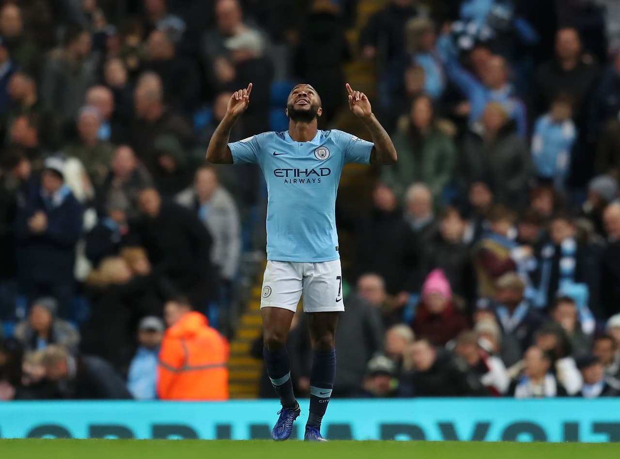 MANCHESTER, ENGLAND - DECEMBER 01: Raheem Sterling of Manchester City celebrates after scoring his team's second goal during the Premier League match between Manchester City and AFC Bournemouth at Etihad Stadium on December 1, 2018 in Manchester, United Kingdom. (Photo by Catherine Ivill/Getty Images)